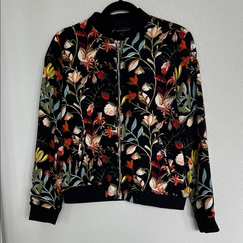 Zara Floral Zip Front Bomber Style Jacket